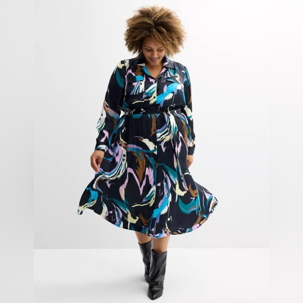 Nine West Black Abstract Print Long-Sleeve Midi Dress